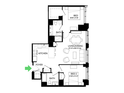 Floor plan for 2 beds, 2 baths, 1079 sqft